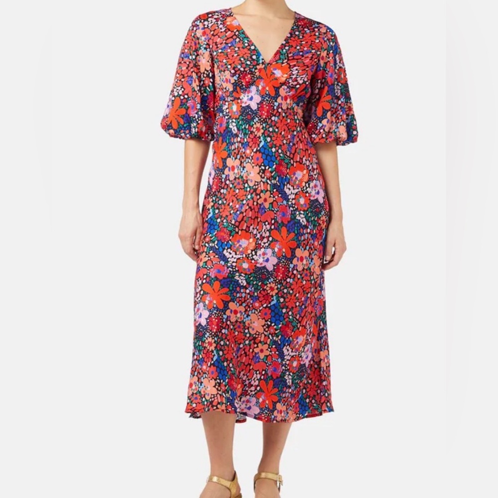 Gorman Petal Dance Party Satin Midi Dress | Black/Multi Floral | AUS 10 (US 6)